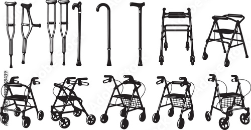 Set of diverse mobility aids including canes crutches walkers wheelchairs vector illustration flat design scalable graphic