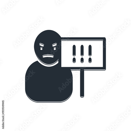 Black Protest icon isolated on white background. Meeting, protester, picket, speech, banner, protest placard, petition, leader, leaflet. Vector