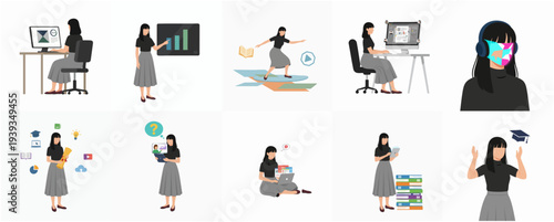Simple Flat Illustration of Young Woman in Various Activity Set