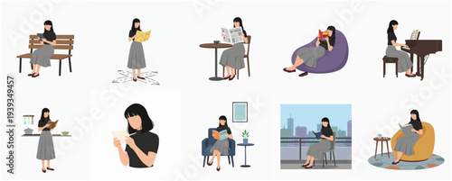 Minimalist Flat Style Illustration Set of Woman Reading in Different Situations