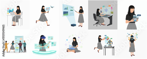 Flat Illustration Set of Woman in Various Technology Scenarios Illustration