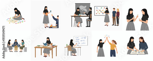 Flat Style Business People Working and Meeting Together Illustration Set