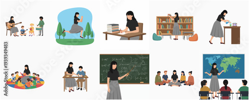 Flat Illustration Collection of a Teacher Performing Various Activities in School