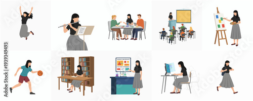 Flat People Activity at Work and Study Illustration Graphic Asset