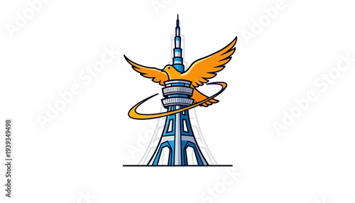 Bird of prey soaring over iconic tower, symbol of freedom and progress