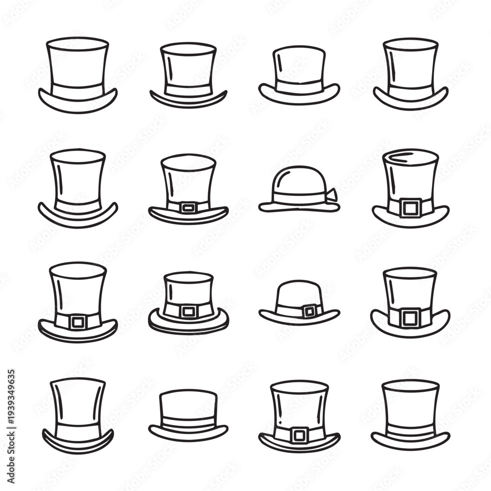 Obraz premium Collection of Top Hats and Bowler Hats in Black Outline Style Isolated on White