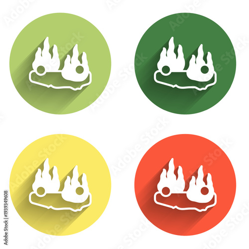Set Burning car icon isolated with long shadow background. Car on fire. Broken auto covered with fire and smoke. Color circle button. Vector
