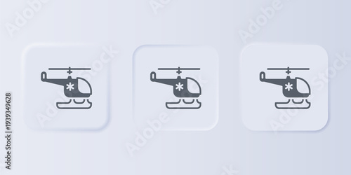 Grey Rescue helicopter icon isolated on grey background. Ambulance helicopter. Set icons in square buttons. Vector
