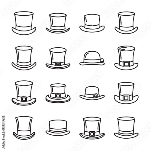 Collection of Top Hats and Bowler Hats in Black Outline Style Isolated on White