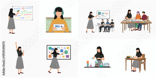 Isometric Professional Woman Doing Various Job Task Set Illustration