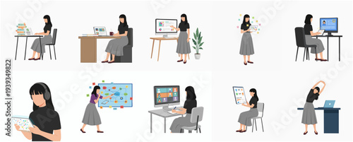 Minimalist Flat Woman Doing Remote Work and Learning Illustration Set