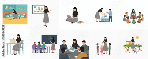 Flat Illustration Teacher in Various Scenes of Education and Learning Activities