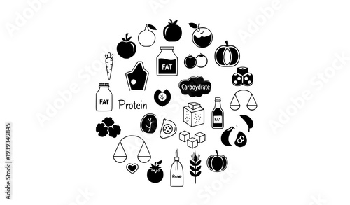 Healthy nutrition icon collection black gray food diet symbols vector