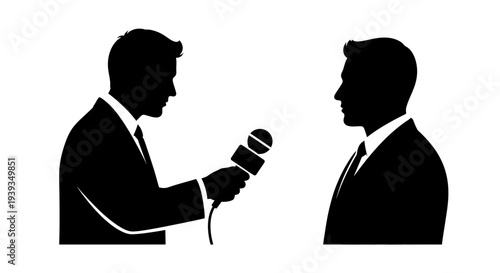 Journalist interviewing businessman silhouette, media communication, news reporting