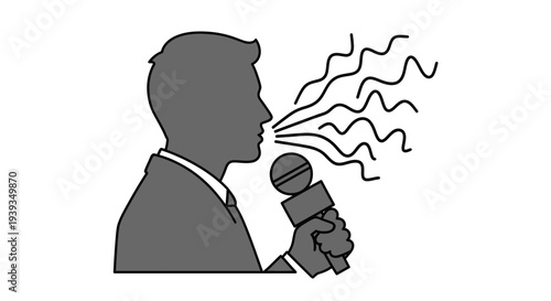 Man Speaking into Microphone, Sound Waves Emanating, Broadcast Concept