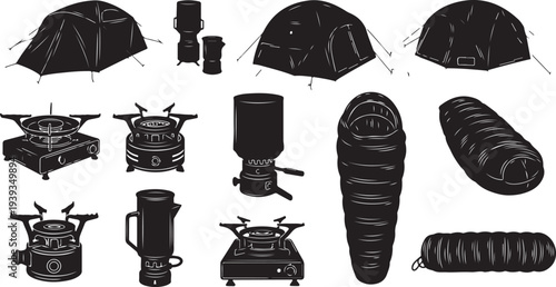 Camping gear and equipment collection flat design vector illustration set with tents, stoves, kettles, and sleeping bags