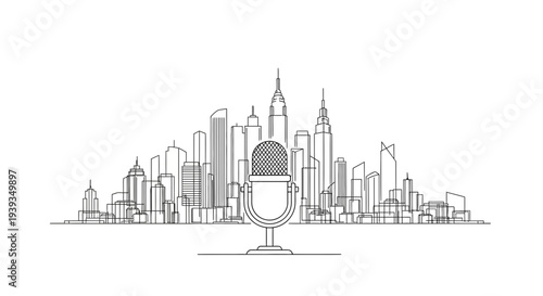 Microphone in front of New York City skyline sketch, concept of podcasting or broadcast