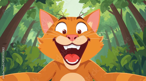 Vector illustration of a Orange Cat taking a selfie in forest.