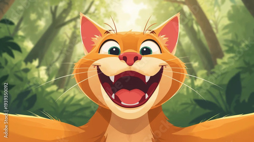 Vector illustration of a Orange Cat taking a selfie in forest.