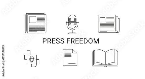 Press Freedom Icons: Microphone, Newspaper, Book, Document