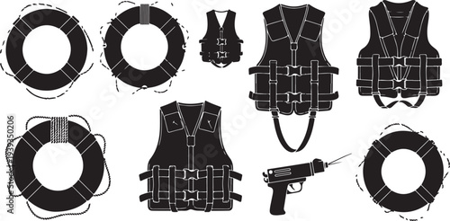 Bulletproof vests and gun security equipment set flat design vector illustration