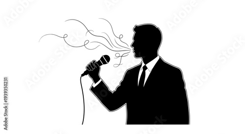 Silhouette of a man in a suit speaking into a microphone, sound waves emanating