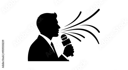 Silhouette of a man speaking into a microphone, vector illustration.