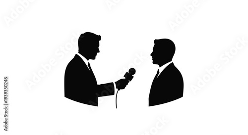 Silhouette of reporter interviewing businessman with microphone, isolated on white