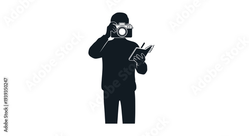 Silhouette Photographer with Camera for Head and Notebook