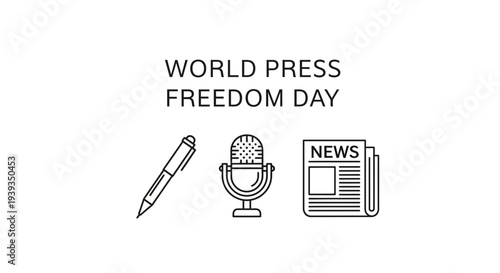 World Press Freedom Day Icons: Pen, Microphone, Newspaper - Freedom of Information