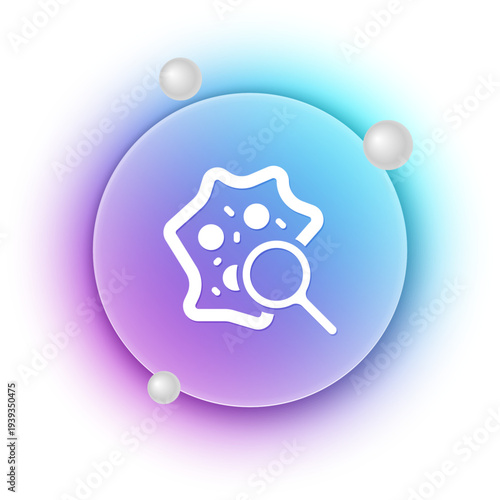 White Microorganisms under magnifier icon isolated on white background. Bacteria and germs, cell cancer, microbe, virus, fungi. Blue and purple gradient circle background. Vector