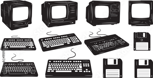 Vintage computer and keyboard collection set isolated flat design vector illustration
