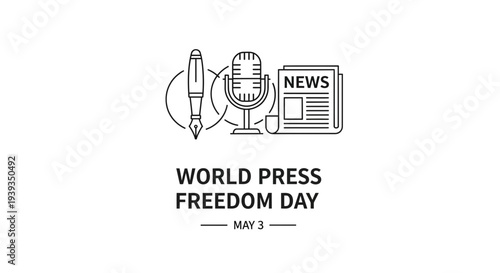 World Press Freedom Day May 3 - Fountain Pen, Microphone, Newspaper Icons