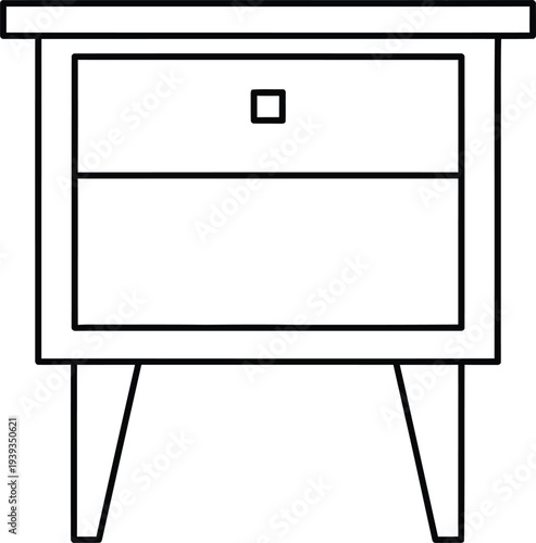 A simple line drawing of a modern nightstand with a drawer and cabinet door.