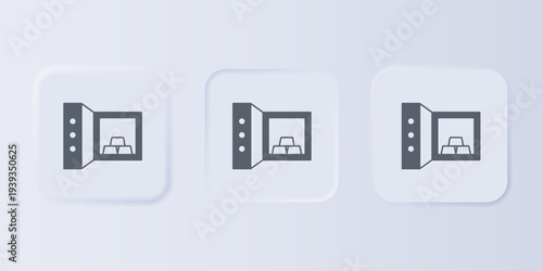 Grey Safe with gold bars icon isolated on grey background. Precious metals on deposit in bank. Metallic treasury. Reliable data protection. Set icons in square buttons. Vector