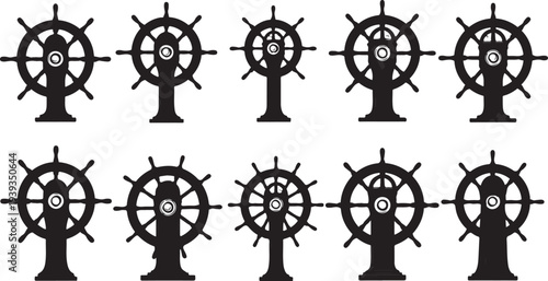 Set of five vintage ship wheels isolated on white background flat design vector illustration
