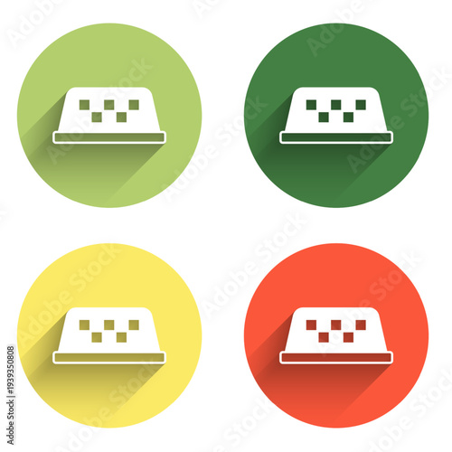 Set Taxi car roof icon isolated with long shadow background. Color circle button. Vector
