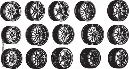 Set of 16 black car wheel rims isolated on white background vector illustration flat design