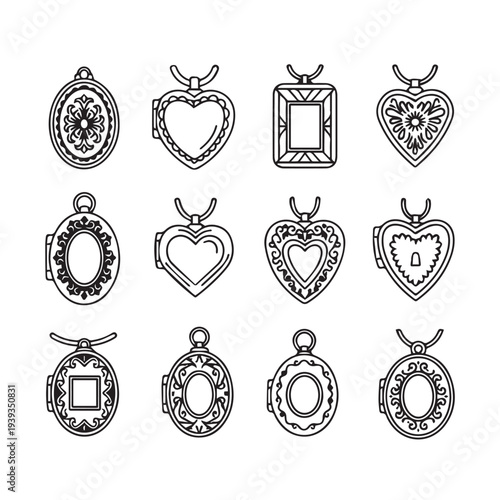 Collection of various locket necklaces heart and oval shapes line art isolated on white