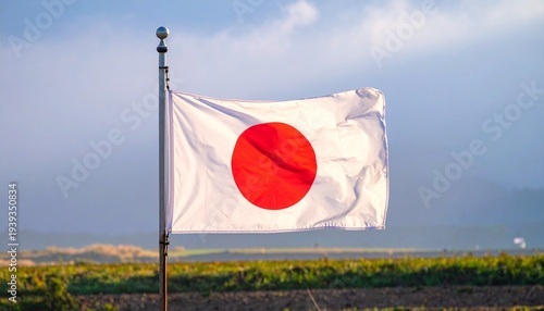 Wallpaper Mural "Japanese flag with red sun disc flying on outdoor flagpole against grassy field and clear blue sky." Torontodigital.ca