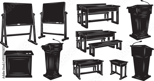 Set of black wooden furniture outdoor and indoor vector illustration flat design isolated on white background