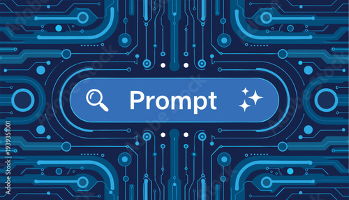 Futuristic AI Prompt Search Bar Concept with Blue Circuit Board and Neural Network Background