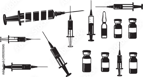 Medical syringes and vials injection set collection flat design vector illustration isolated on white background