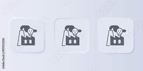 Grey Smoke from factory icon isolated on grey background. Environmental pollution problem, smoke pipes of factory, ecology industrial harm. Set icons in square buttons. Vector