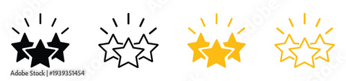sparkling premium three-star excellence award icons with radiant rays. sparkling five-pointed star icon set. Three gold stars symbolizing excellence and high quality rating. Vector illustration.