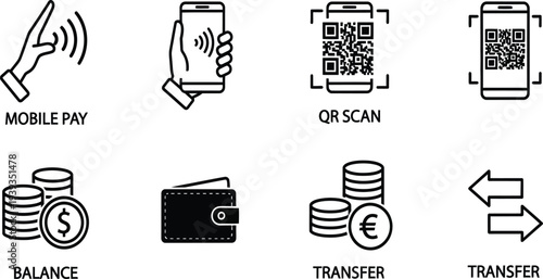 Financial Technology Icons: Mobile Pay, QR Scan, Balance, Transfer, Wallet