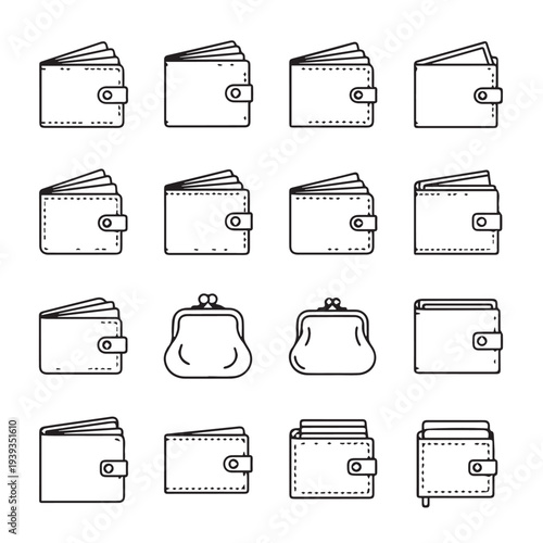 Collection of Wallet Icons and Coin Purse Designs Vector Line Art
