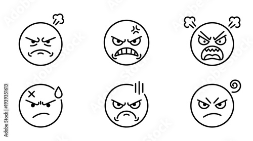 collection of angry face, minimal thin icon vector set , white background , PNG and SVG isolate