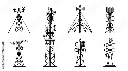 collection of antenna tower, minimal thin icon vector set , white background , PNG and SVG isolate
