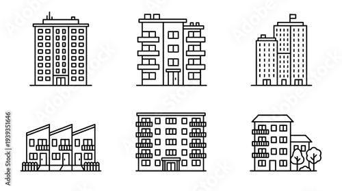 collection of apartment building, minimal thin icon vector set , white background , PNG and SVG isolate
